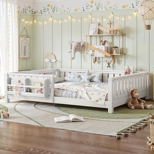 Bellemave White Montessori Floor Bed with Fence and Slats, Queen Size Montessori Floor Bed with Bookcase and High Rails, Easy Assemble Bed Frame for Girls, Boys, Queen