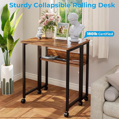 GreenForest Folding Desk with Wheels, 31.5 Inch Compact Rolling Computer Table with Storage Shelf, Portable Mobile Workstation for Small Spaces, Easy Assembly, Walnut