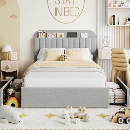 Garvee Queen Size Bed Frame with 2 Flexible Drawers, Boucle Upholstered Platform Bed Frame with Bookcase Headboard, Bedframe for Kids, Easy Assembly, No Box Spring Needed, Noise Free, Grey