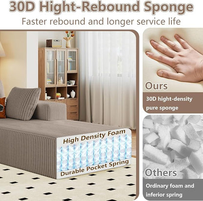 95" Cloud Sectional Couch U-Shaped Chaise with Ottoman, Corduroy Boneless Couch for Living Room Bedroom, Deep-Seat Upholstered Modular Cloud Sofa, No Assembly Required (Camel, Right Facing Chaise)