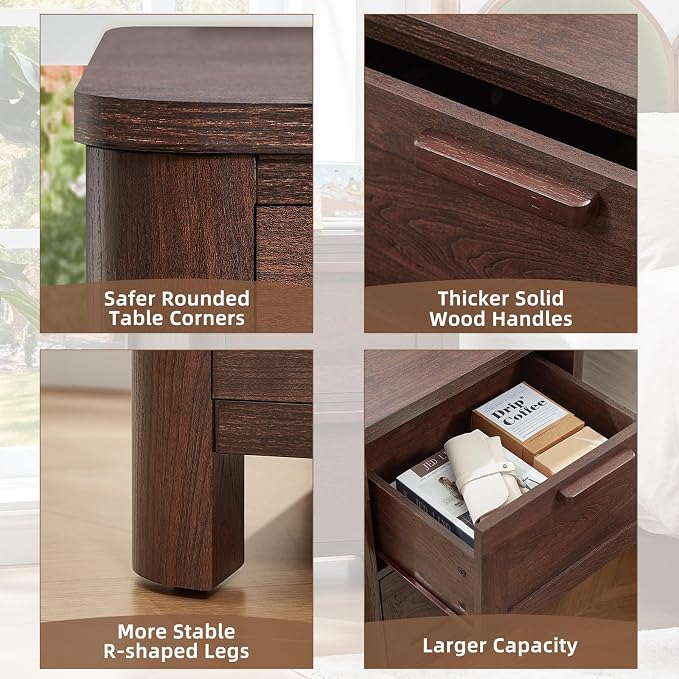 Joaxswe Farmhouse Night Stand with Charging Station, End Tables Bedroom with 2 Large Drawers & 4 Thickened Table Legs, Walnut