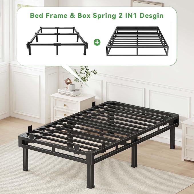 Superay Twin Bed Frame, 14 inch Metal Bed Frame & Box Spring 2 in 1 Design, Double Layer Bed Frame with Rounded Legs, Heavy Duty Platform Support 4000lbs, with Matress Gasket & headboard Adapter