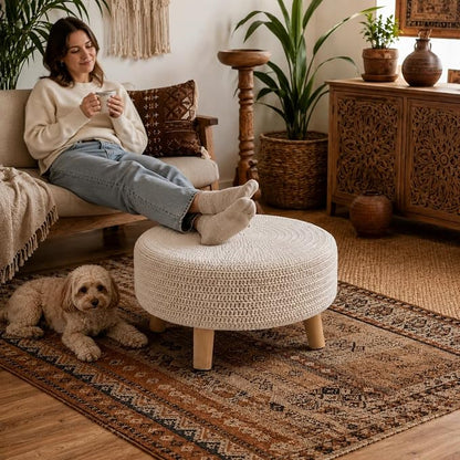 Wimarsbon Pouf Ottoman, 100% Cotton Knitted Boho Footstool, Round Footrest with Non-Skid Wood Legs, Home Décor Handmade Pouffe, Leisure Floor Step Stool for Living Room (20" White)