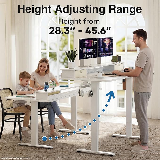 Veken 47x28 in Electric Standing Desk with Drawers, Adjustable Table, White | Stand up Computer Desk for Home Office, Work & Study, with Storage, 3 Memory Presets, Cable Organizer, Hook, and Quiet Lift.