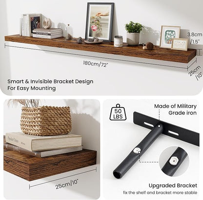 Fun Memories 72 Inch Fireplace Mantel Shelf, 10 Inch Deep Shelves for Display & Wall Storage, Rustic Wood Wall Shelf, Extra Long Floating Shelves for Living Room Laundry Room, Rustic Brown, Set of 1