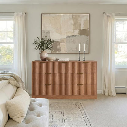 7 Drawer Dresser for Bedroom, 55" Wide Fluted Chest of Drawers with Gold Metal Handles, Modern Wood Dresser Closet Storage Organizer Mid Century TV Stand for Living Room Hallway Light Walnut