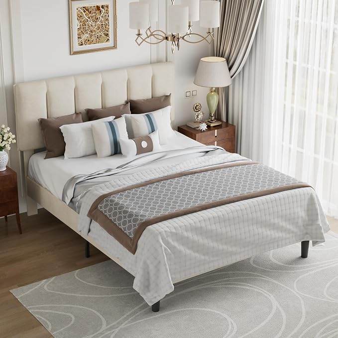 VECELO Queen Size Bed Frame with Upholstered Headboard, Heavy-Duty Bedframe with Strong Wooden Slats Support, No Boxing Spring Needed, Pale Beige