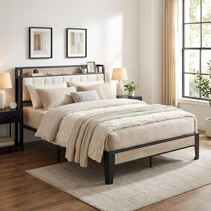 LIKIMIO Full Bed Frames, Bouclé Storage Headboard with Charging Station, Solid and Stable, Noise Free, No Box Spring Needed, Easy Assembly