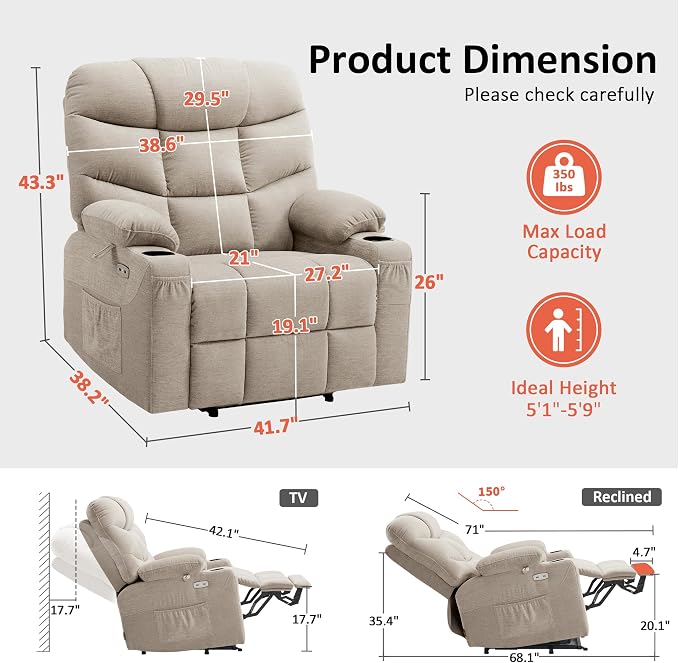 MCombo Oversized Power Lift Recliner Chair with Extended Footrest, Extra Wide for Big and Tall Elderly People, Fabric R7289 (Oatmeal, Medium-Wide)