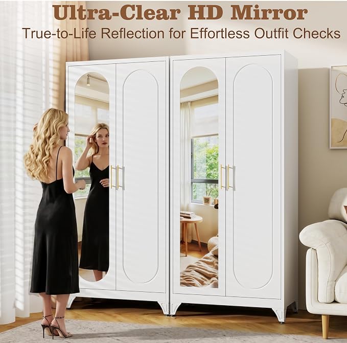 71" Arched Metal Wardrobe Closet with Full-Length Mirror, French Elegance Steel Armoire Clothes Storage Cabinet with Hanging Rod & Adjustable Shelves for Bedroom Home Office, 18" Deep White