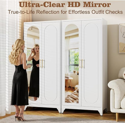 71" Arched Metal Wardrobe Closet with Full-Length Mirror, French Elegance Steel Armoire Clothes Storage Cabinet with Hanging Rod & Adjustable Shelves for Bedroom Home Office, 18" Deep White