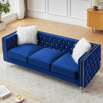 83" Chesterfield Sofa, Velvet Mid-Century Modern Upholstered Couch with 2 Throw Pillows and Acrylic Legs, Nailhead Button Tufted Vintage Sofa for Living Room, Apartment, Office, Blue