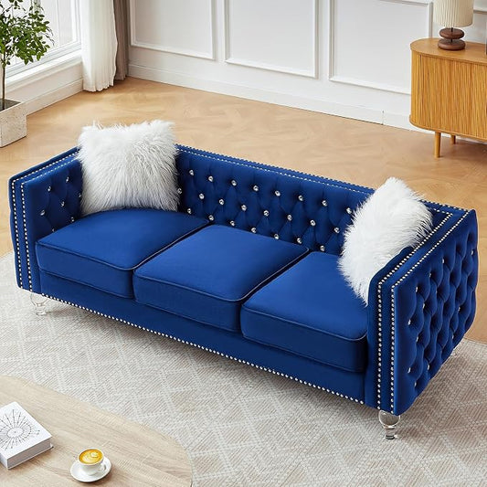 83" Chesterfield Sofa, Velvet Mid-Century Modern Upholstered Couch with 2 Throw Pillows and Acrylic Legs, Nailhead Button Tufted Vintage Sofa for Living Room, Apartment, Office, Blue