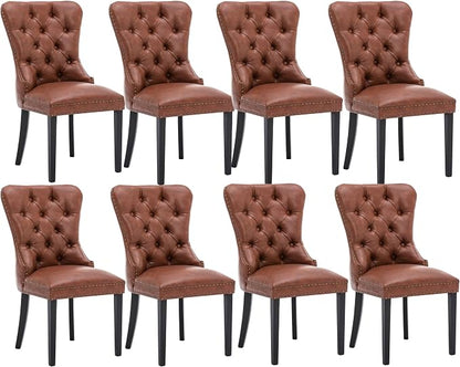 CIMOTA Brown Leather Dining Chairs Set of 8 Mid Century Modern Dining Room Chairs Tufted Upholstered Kitchen Dining Chairs Comfortable Side Chairs with Nailhead Trim/Ring Back (PU /8PCS)