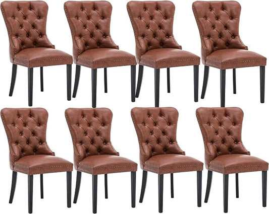CIMOTA Brown Leather Dining Chairs Set of 8 Mid Century Modern Dining Room Chairs Tufted Upholstered Kitchen Dining Chairs Comfortable Side Chairs with Nailhead Trim/Ring Back (PU /8PCS)