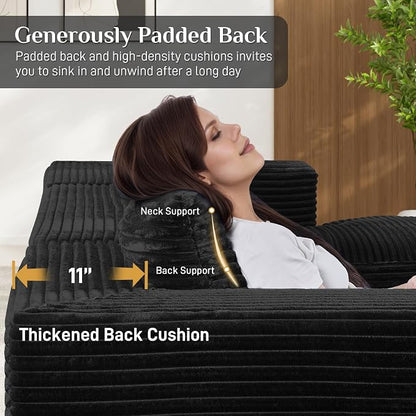 131" Oversized U Shaped Cloud Sectional Couches for Living Room, Comfy Fluffy Corduroy Black Boneless Sectionals Couch, Plush Memory Foam Modular Sectional Sofa with Chaise- 19" Seat Height