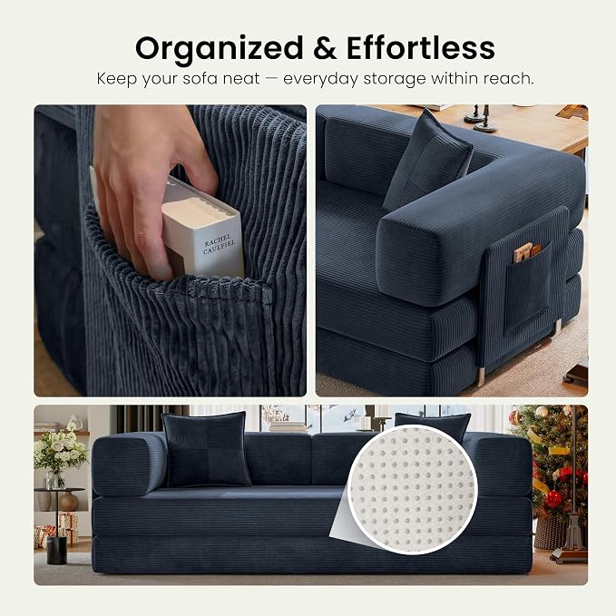 78.8" Convertible Sofa Bed,Corduroy Futon Couch with Storage Pocket,Folding Pull Out Futon Sofa,No Assembly Boneless Couch for Home & Apartment, Royal Blue