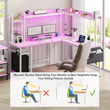 Aheaplus L Shaped Desk with Power Outlet, L Shaped Gaming Desk with Led Light & Hutch, Reversible Home Office Desk, Corner Computer Desk with Monitor Stand & Storage Shelves, Pink