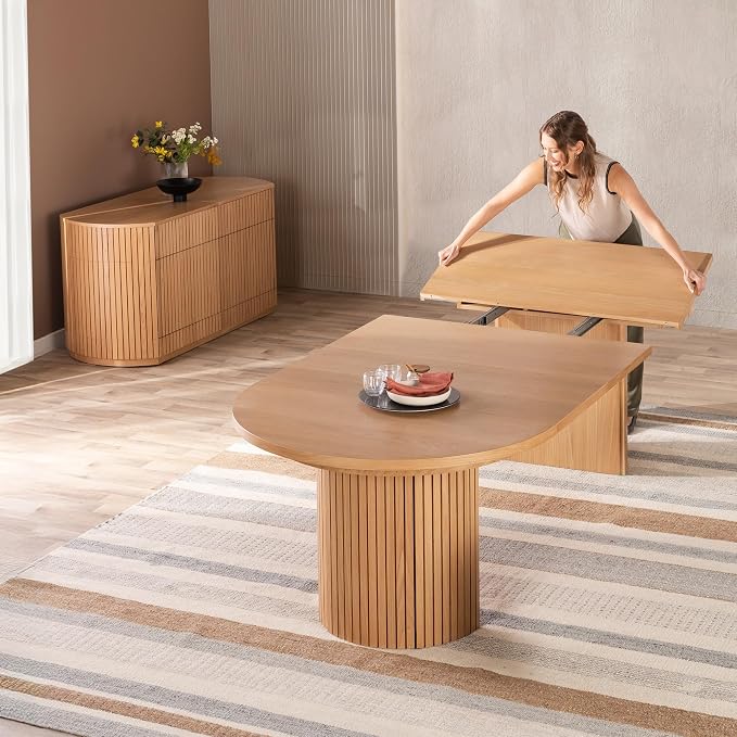Transformer Table - Solid Wood Extendable Round Dining Table Set with Sideboard Panel Storage Cabinet, Expandable Round Dining Set, Elegant and Functional Design Natural (Table + Sideboard)