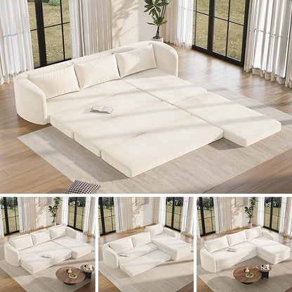 Vesgantti 110.2" Boneless Sectional Couch with Curved Armrest, 6 in 1 Convertible Folding Sleeper Sofa Bed, Chenille Modular Sofa for Living Room, No Assembly Required, Beige, Right Facing Chaise