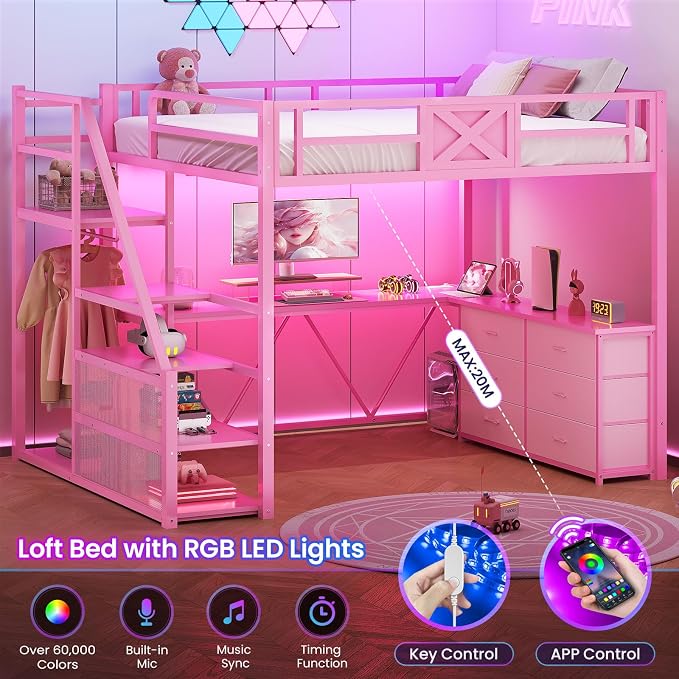 Itaar Full Size Loft Bed with Desk and Storage Stairs, Metal Loft Bed with 6 Storage Drawers, Hall Tree, LED Lights and Power Outlet, for Kids, Teens, Adults, Pink