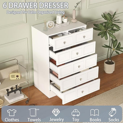 6 Drawer Dresser for Bedroom: 24" White Wide Tall Dressers for Bedroom, Modern Fluted Dresser with Deep Drawers, Wooden Chest of Drawers for Living Room
