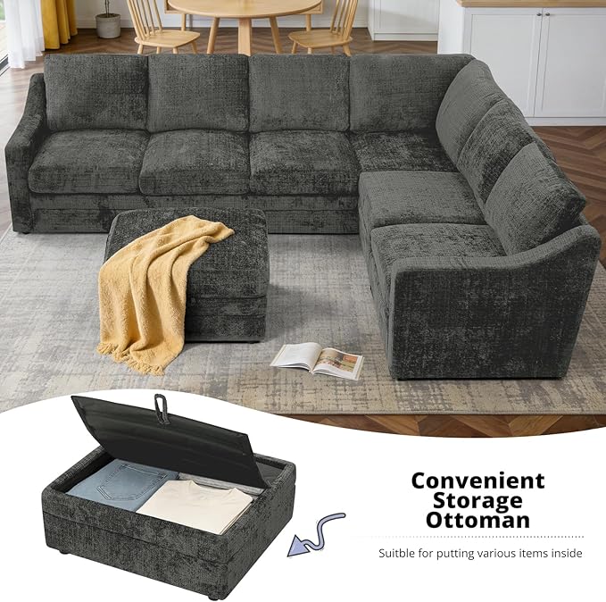 115 Inches Chenille Sectional Sofa with Storage Ottoman, Modern 7 Seats Corner Couch with Deep Seat, Comfy Modular U Shaped Couch with Comfortable Cushions for Living Room, Grey