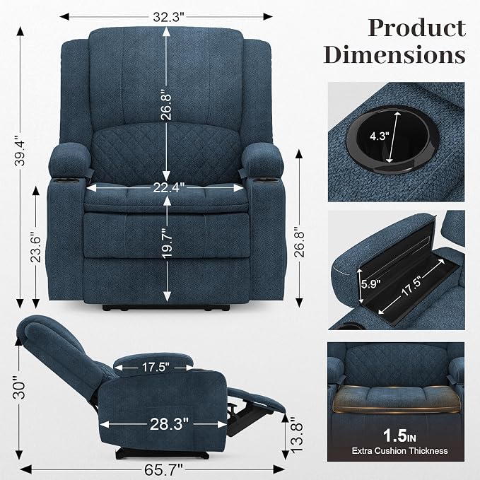 Yolsali Recliner Chairs for Adults, Oversize Manual Reclining Chair with 2-Tier Cushions, Recliner Chair with Hidden Storage Space, Living Room Recliner Chairs with Cup Holders - Fabric Blue