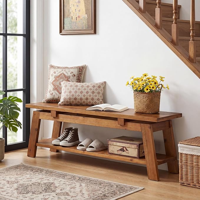 Solid Wood Bench, 55" Farmhouse Entryway Bench with Shoe Storage | End of Bed Bench Shoe Bench Seat for Entrance Hallway Bedroom Living Room, 350 lb Capacity, Scratch Resistant, Natural Brown