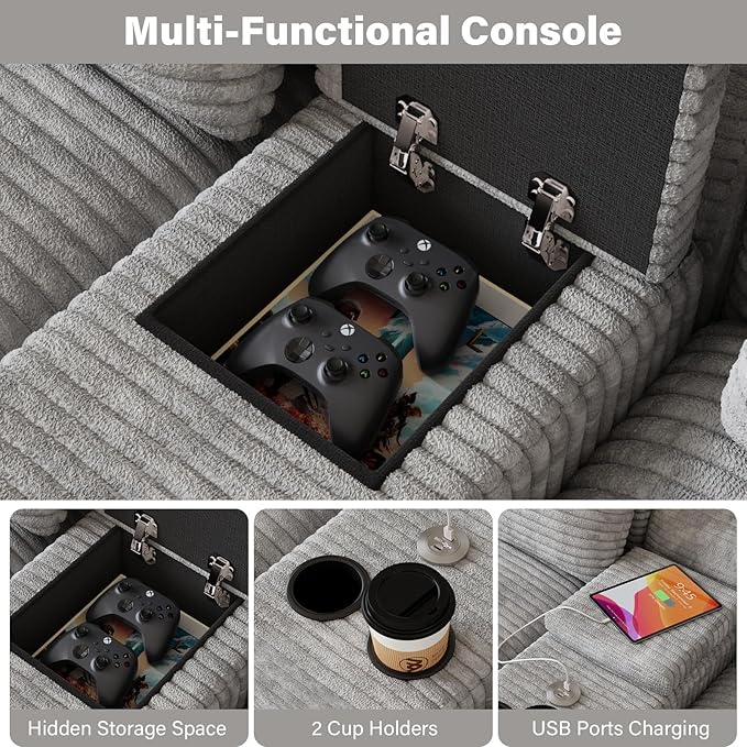 143" Oversized U Shaped Cloud Sectional Couches for Living Room, Comfy Fluffy Corduroy Grey Boneless Couch, Large Modular Sectional Sofa Set with Chaise, Cup Holder, USB Port, Storage Console