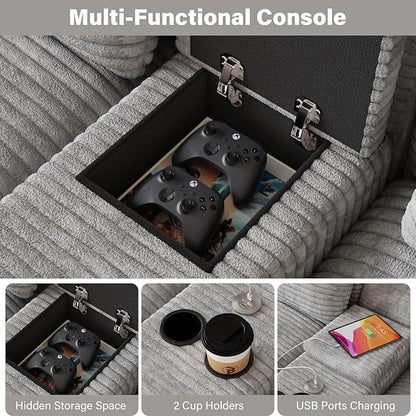 143" Oversized U Shaped Cloud Sectional Couches for Living Room, Comfy Fluffy Corduroy Grey Boneless Couch, Large Modular Sectional Sofa Set with Chaise, Cup Holder, USB Port, Storage Console