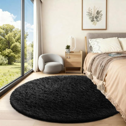Ophanie Round Rug 5Ft Black Circle Area Rug, Room Decor for Men, Fluffy Fuzzy Bedroom Carpet, Plush Soft Shaggy Living Room Rugs for Kids Home Aesthetic, Nursery with Over 99 pcs Pile fibers