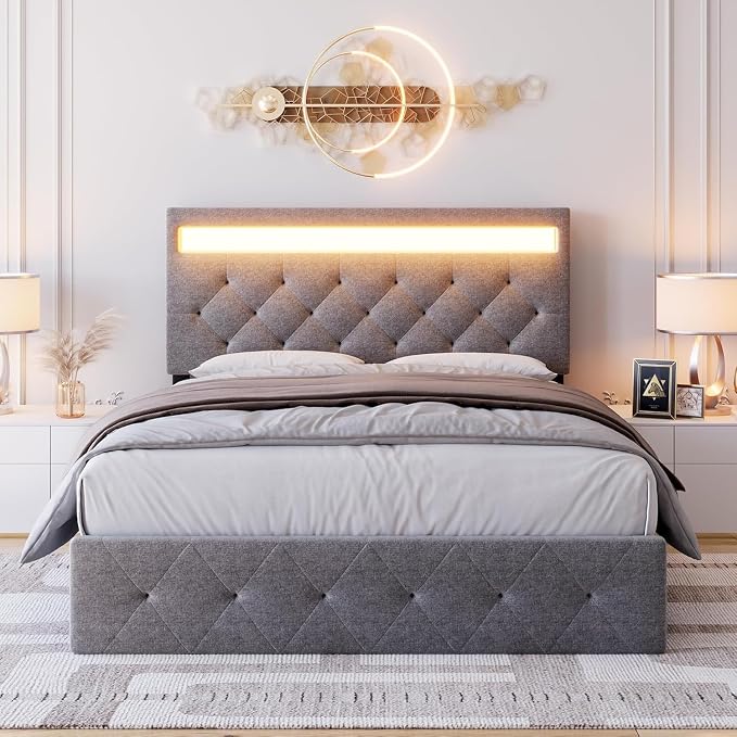 GarveeHome Queen Size Bed Frame with Charging Station and LED Lights, Upholstered Bed Frame with Adjustable Headboard, Heavy Duty Wood Slats, No Box Spring Needed, Easy Assembly, Grey