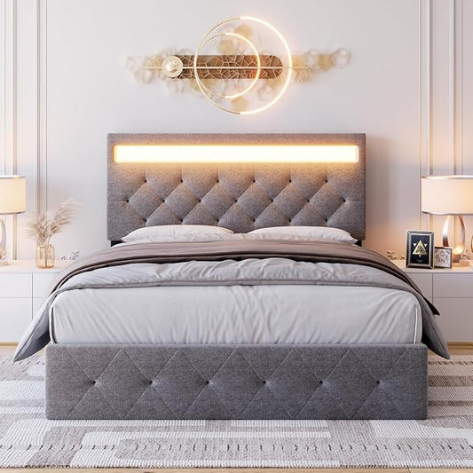 GarveeHome Queen Size Bed Frame with Charging Station and LED Lights, Upholstered Bed Frame with Adjustable Headboard, Heavy Duty Wood Slats, No Box Spring Needed, Easy Assembly, Grey