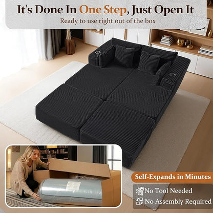 72" Cloud Sectional Couch, Comfort Sleep Sofa for Living Room, Extra Deep Seats No Assembly, Minimalist Modular Couch, Corduroy (Black, Extend Loveseat Chaise)