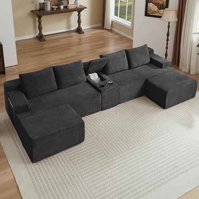 ivoros 140 Inch Modular Sectional Sofa Couch, Oversized Modern Cloud Couch for Living Room, U Shape Couches with 2 Ottomans and Cup Holders, Dark Grey Corduroy Boneless Sofas, Sofa in a Box