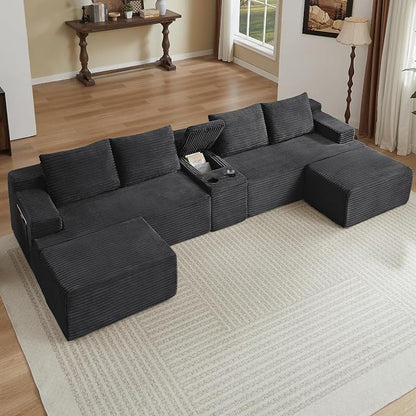 ivoros 140 Inch Modular Sectional Sofa Couch, Oversized Modern Cloud Couch for Living Room, U Shape Couches with 2 Ottomans and Cup Holders, Dark Grey Corduroy Boneless Sofas, Sofa in a Box