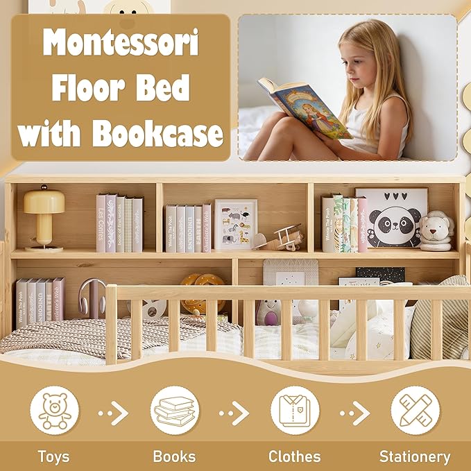 Bellemave Full Size Montessori Floor Bed with Bookcase, Full Floor Bed with High Fence and Storage Shelves, Easy Assemble Montessori Beds Frame for Girls, Boys, Natural