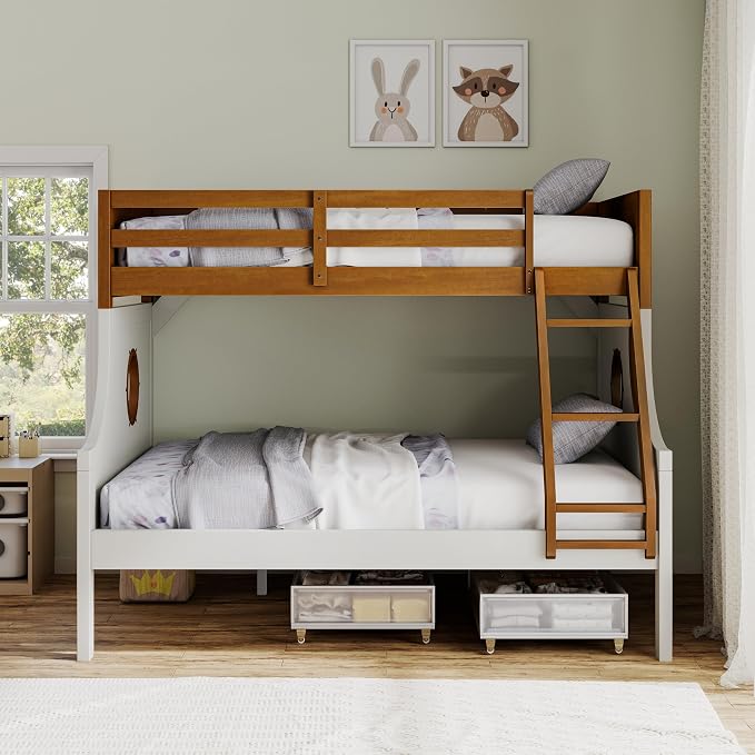 Furniture of America Kirsen Modern Solid Wood Twin Over Full Bunk Bed, No Box Spring Required, Boat Theme, for Kids, Boys, Girls, Bedroom, Dorm, Oak/White, No Trundle
