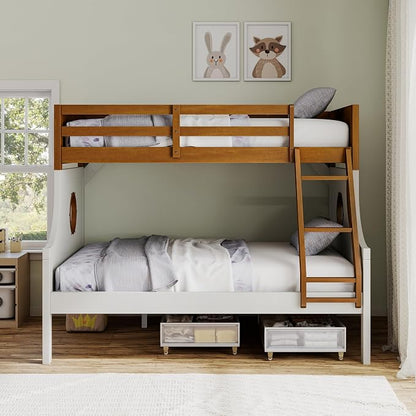 Furniture of America Kirsen Modern Solid Wood Twin Over Full Bunk Bed, No Box Spring Required, Boat Theme, for Kids, Boys, Girls, Bedroom, Dorm, Oak/White, No Trundle