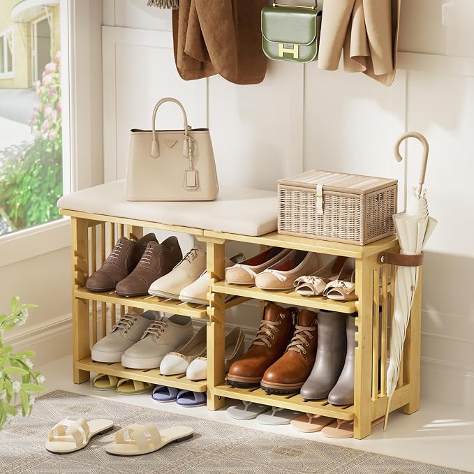Amazer Bamboo Shoe Rack Bench, 3-Tier Shoe Bench Height Adjustable, Entry Bench with Side Storage Strap, Shoes Organizer Storage Bench, Shoe Shelf with Seat Cushion for Entryway, Living Room, Hallway