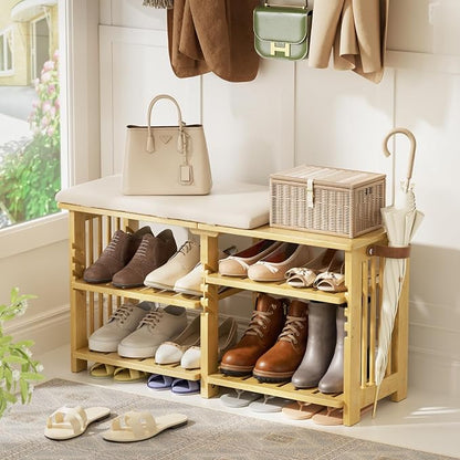Amazer Bamboo Shoe Rack Bench, 3-Tier Shoe Bench Height Adjustable, Entry Bench with Side Storage Strap, Shoes Organizer Storage Bench, Shoe Shelf with Seat Cushion for Entryway, Living Room, Hallway