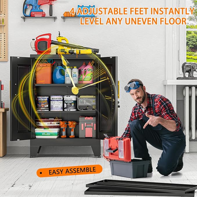 Metal Tool Storage Cabinet with Lock Doors and Adjustable Shelves, Small Locking Garage Storage Cabinet, Black Steel Tool Cabinets with Leveling Feet for Garage, Basement, Office, Utility Room
