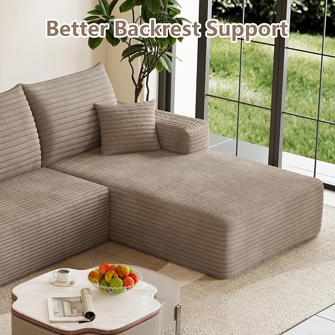 95" Cloud Sectional Couch U-Shaped Chaise with Ottoman, Corduroy Boneless Couch for Living Room Bedroom, Deep-Seat Upholstered Modular Cloud Sofa, No Assembly Required (Camel, Right Facing Chaise)