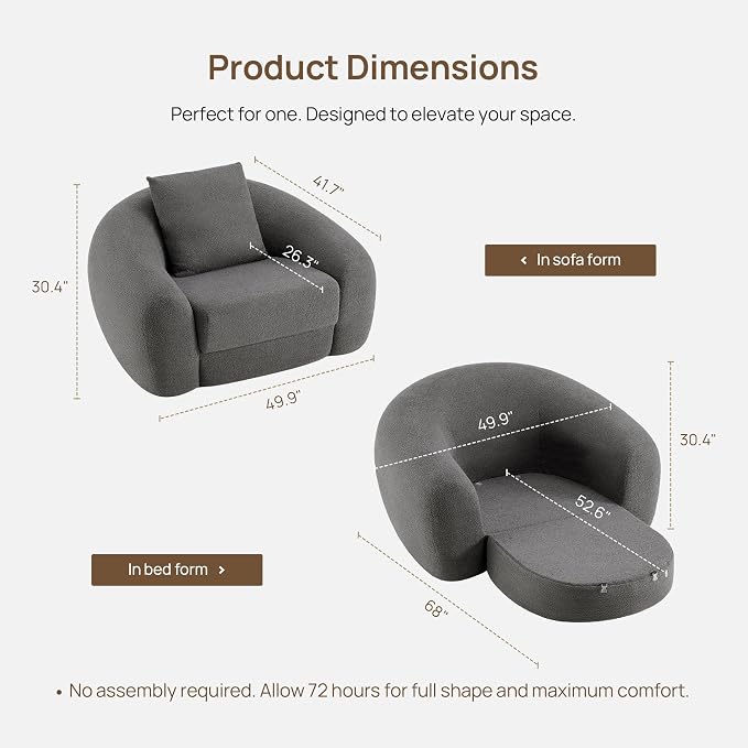 SICOTAS 49.9" Curved Convertible Sofa Couch Bed for Living Room Futon Cloud Boneless Sleeper Chair Pull Out Floor Couch with Deep Seat Single Foam Lounger No Assembly for Bedroom Apartment, Dark Grey
