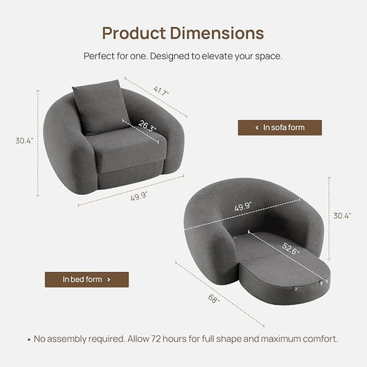 SICOTAS 49.9" Curved Convertible Sofa Couch Bed for Living Room Futon Cloud Boneless Sleeper Chair Pull Out Floor Couch with Deep Seat Single Foam Lounger No Assembly for Bedroom Apartment, Dark Grey