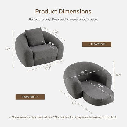 SICOTAS Curved Sofa Couch Bed for Living Room Convertible Futon Cloud Boneless Sleeper Chair Pull Out Floor Couch with Deep Seat Sofa Set Foam No Assembly Required for Bedroom Apartment, Dark Grey