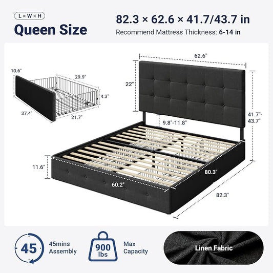Allewie Upholstered Queen Size Platform Bed Frame with 4 Storage Drawers and Headboard, Square Stitched Button Tufted, Mattress Foundation with Wooden Slats Support, No Box Spring Needed, Dark Grey