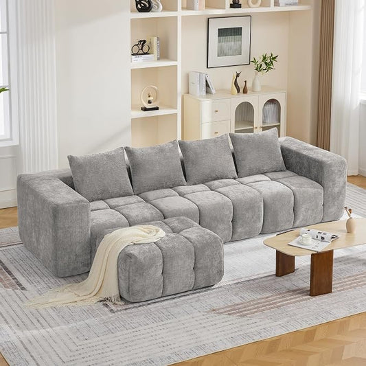 119" Boneless Couch, Oversized Cloud L Shaped Couch, Modular Sectional 4 Seater Sofa with Deep Seat, Modern Sectional Memory Foam Couches for Living Room, Tufted Sofa, No Assembly Required, Light Grey
