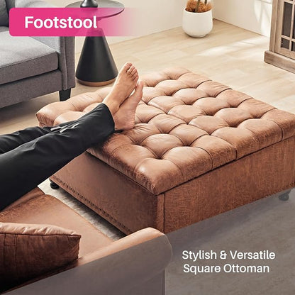 Redlife 35 Inch Large Square Storage Ottoman, Storage Ottoman Coffee Table with Lift Top Faux Leather Ottomans Square Footrest Oversized Upholstered Coffee Table for Living Room (Brown Leathaire)
